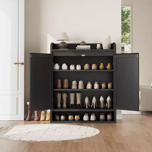 Meuble à chaussures en rotin naturel de 80 cm avec 2 portes, organisateur en bois à 5 niveaux avec étagères réglables pour entrée et salon