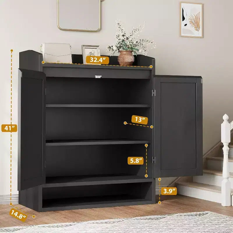 31.5 Natural Rattan Shoe Cabinet with 2 Doors, 5-Tier Wooden Organizer with Adjustable Shelves for Entryway & Living Room
