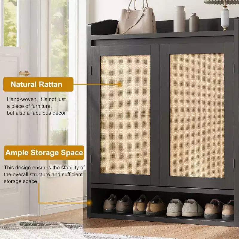 31.5 Natural Rattan Shoe Cabinet with 2 Doors, 5-Tier Wooden Organizer with Adjustable Shelves for Entryway & Living Room