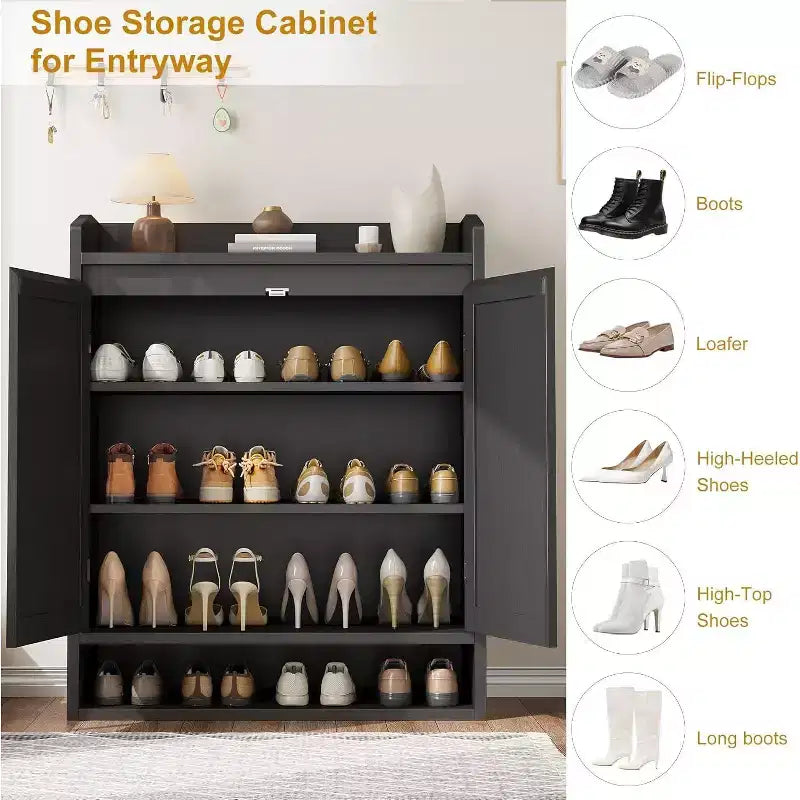 31.5 Natural Rattan Shoe Cabinet with 2 Doors, 5-Tier Wooden Organizer with Adjustable Shelves for Entryway & Living Room