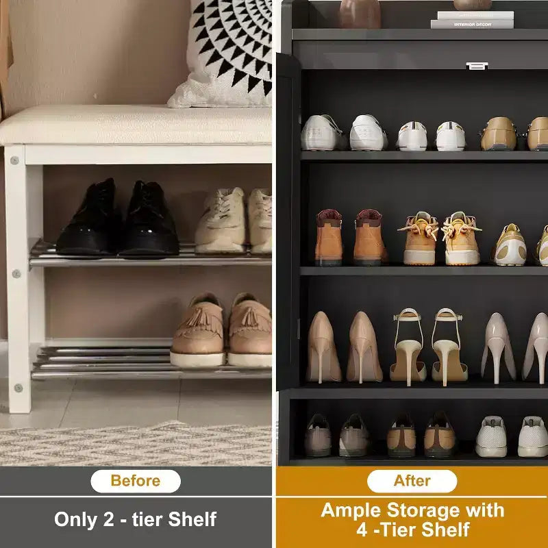 31.5 Natural Rattan Shoe Cabinet with 2 Doors, 5-Tier Wooden Organizer with Adjustable Shelves for Entryway & Living Room