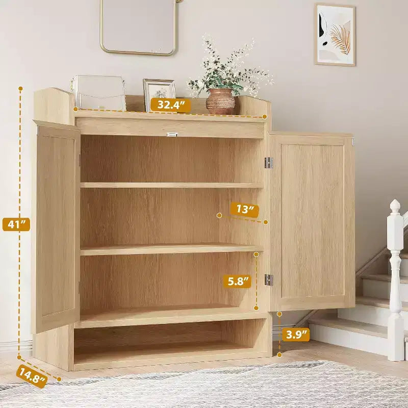 31.5 Natural Rattan Shoe Cabinet with 2 Doors, 5-Tier Wooden Organizer with Adjustable Shelves for Entryway & Living Room