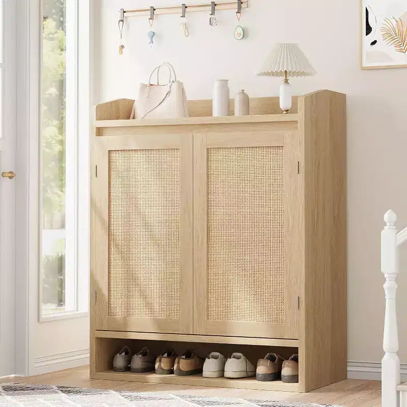 31.5 Natural Rattan Shoe Cabinet with 2 Doors, 5-Tier Wooden Organizer with Adjustable Shelves for Entryway & Living Room