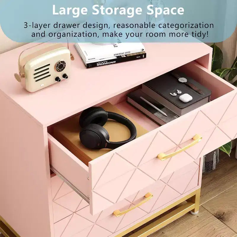 3 Drawer Dresser, Chest of Drawers for Bedroom, Metal Handles and Legs, for Bedroom, Living Room, Entryway, Space Saving