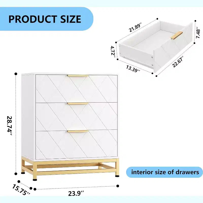 3 Drawer Dresser, Chest of Drawers for Bedroom, Metal Handles and Legs, for Bedroom, Living Room, Entryway, Space Saving