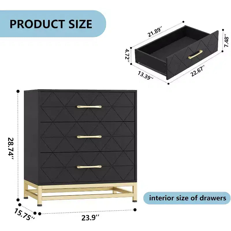 3 Drawer Dresser, Chest of Drawers for Bedroom, Metal Handles and Legs, for Bedroom, Living Room, Entryway, Space Saving