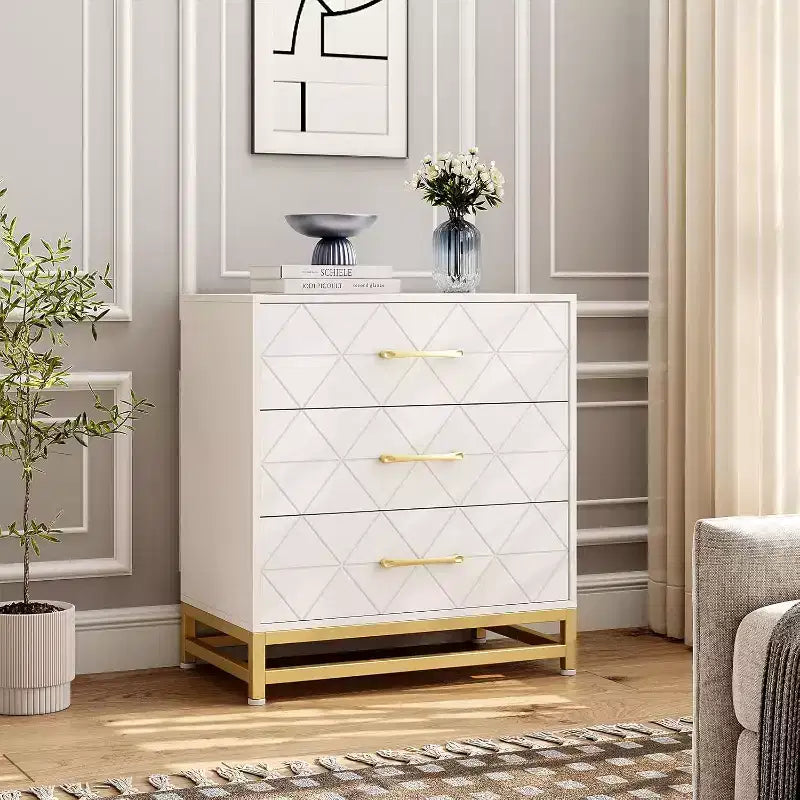 3 Drawer Dresser, Chest of Drawers for Bedroom, Metal Handles and Legs, for Bedroom, Living Room, Entryway, Space Saving