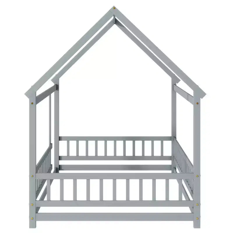 Full Size Floor Bed with Wooden House Frame and Fence Design for Safe & Imaginative Sleep Spaces for Children