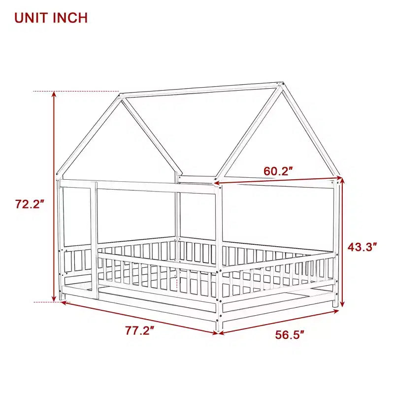 Full Size Floor Bed with Wooden House Frame and Fence Design for Safe & Imaginative Sleep Spaces for Children