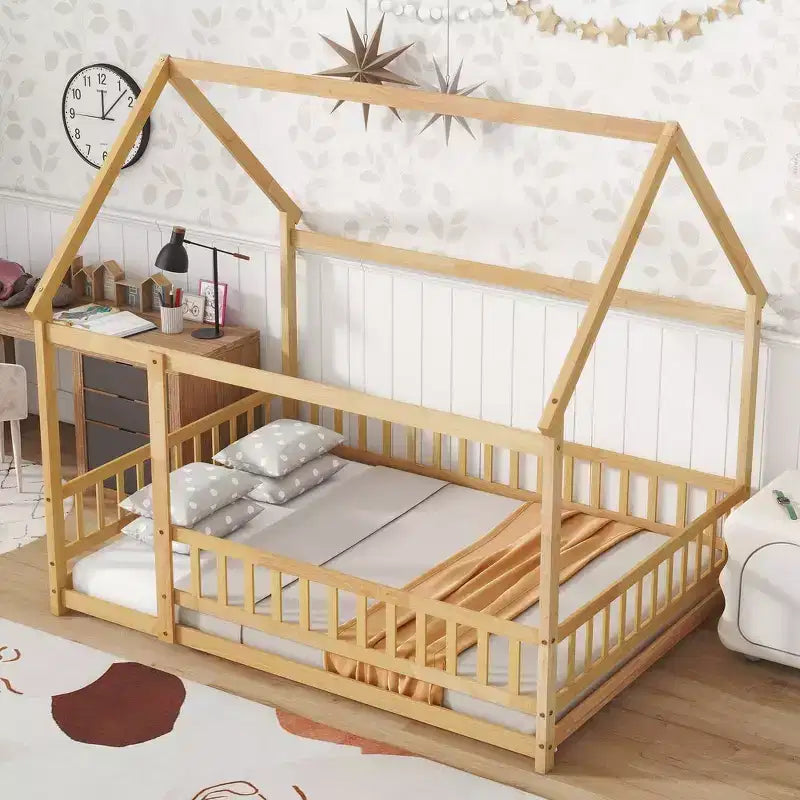 Full Size Floor Bed with Wooden House Frame and Fence Design for Safe & Imaginative Sleep Spaces for Children