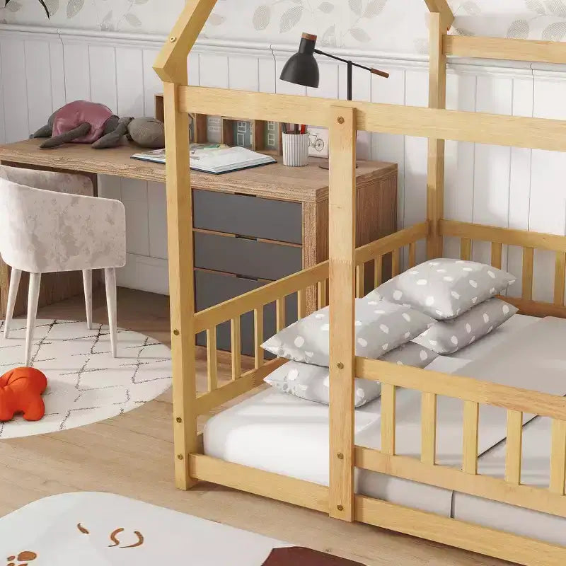 Full Size Floor Bed with Wooden House Frame and Fence Design for Safe & Imaginative Sleep Spaces for Children