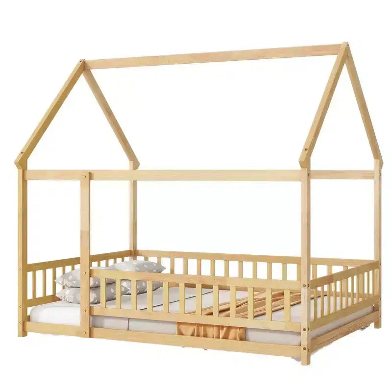 Full Size Floor Bed with Wooden House Frame and Fence Design for Safe & Imaginative Sleep Spaces for Children