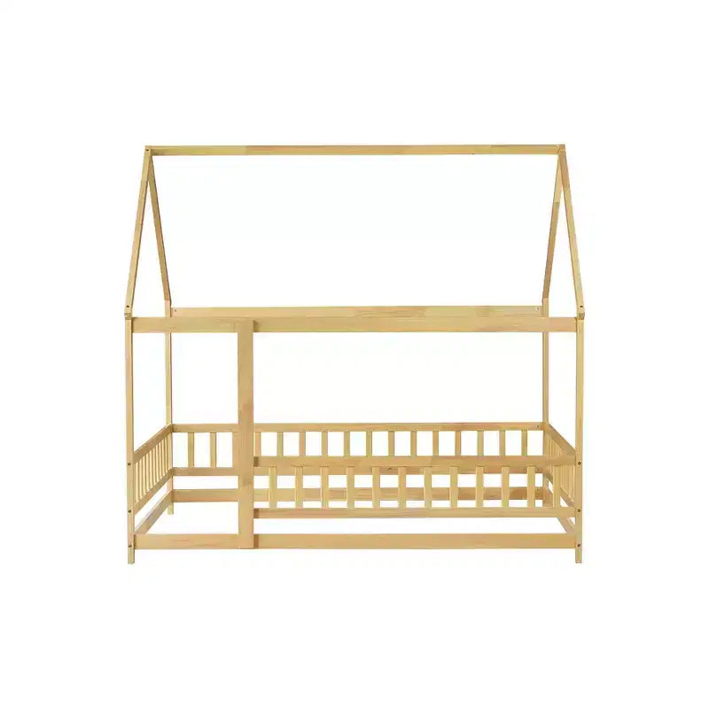 Full Size Floor Bed with Wooden House Frame and Fence Design for Safe & Imaginative Sleep Spaces for Children