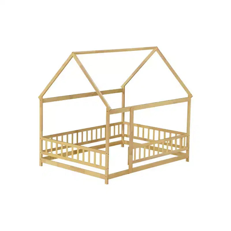 Full Size Floor Bed with Wooden House Frame and Fence Design for Safe & Imaginative Sleep Spaces for Children