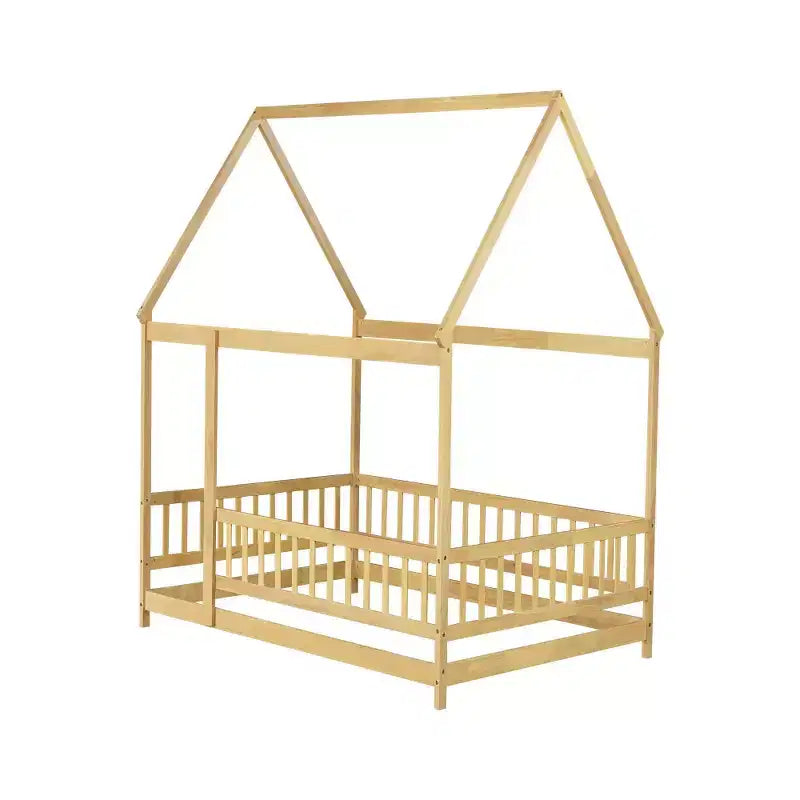 Full Size Floor Bed with Wooden House Frame and Fence Design for Safe & Imaginative Sleep Spaces for Children