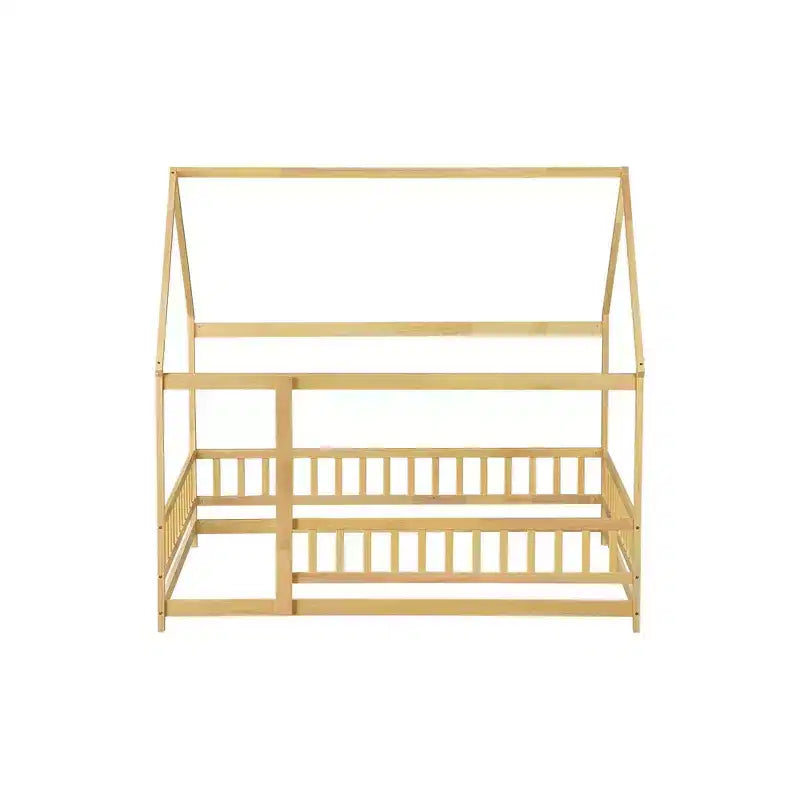 Full Size Floor Bed with Wooden House Frame and Fence Design for Safe & Imaginative Sleep Spaces for Children