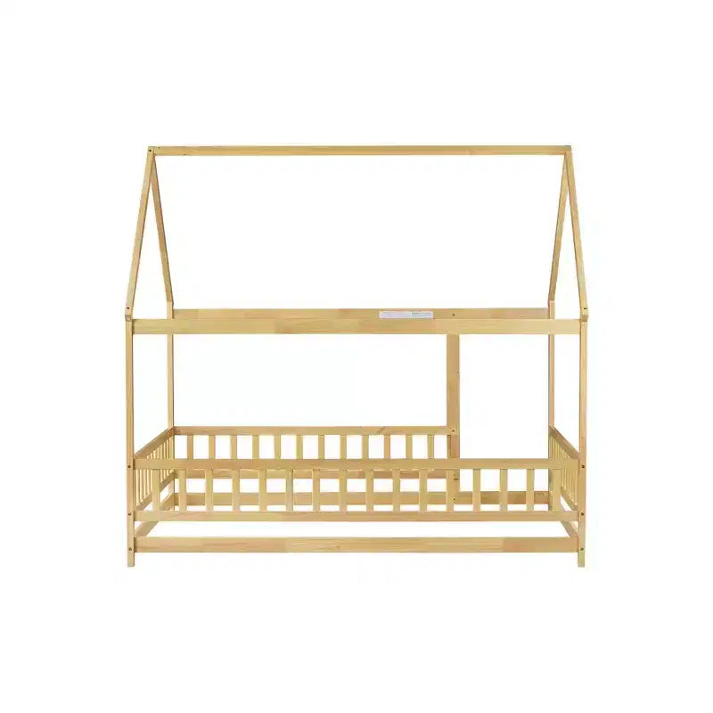 Full Size Floor Bed with Wooden House Frame and Fence Design for Safe & Imaginative Sleep Spaces for Children