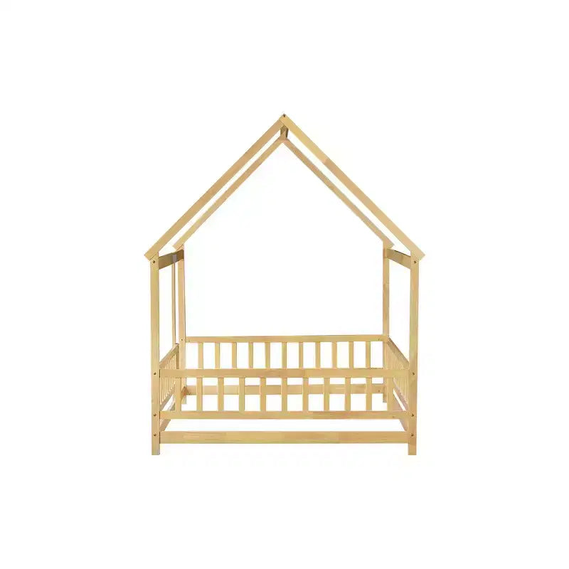 Full Size Floor Bed with Wooden House Frame and Fence Design for Safe & Imaginative Sleep Spaces for Children