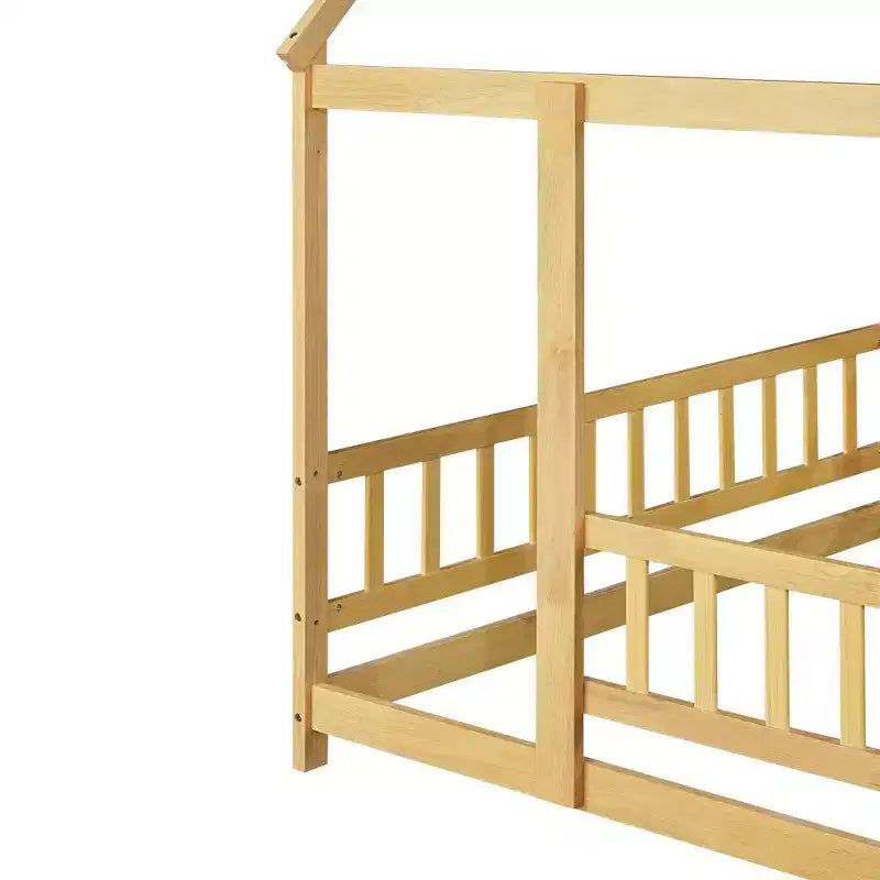 Full Size Floor Bed with Wooden House Frame and Fence Design for Safe & Imaginative Sleep Spaces for Children