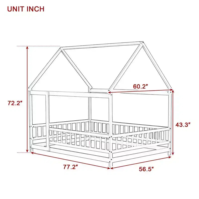Full Size Floor Bed with Wooden House Frame and Fence Design for Safe & Imaginative Sleep Spaces for Children