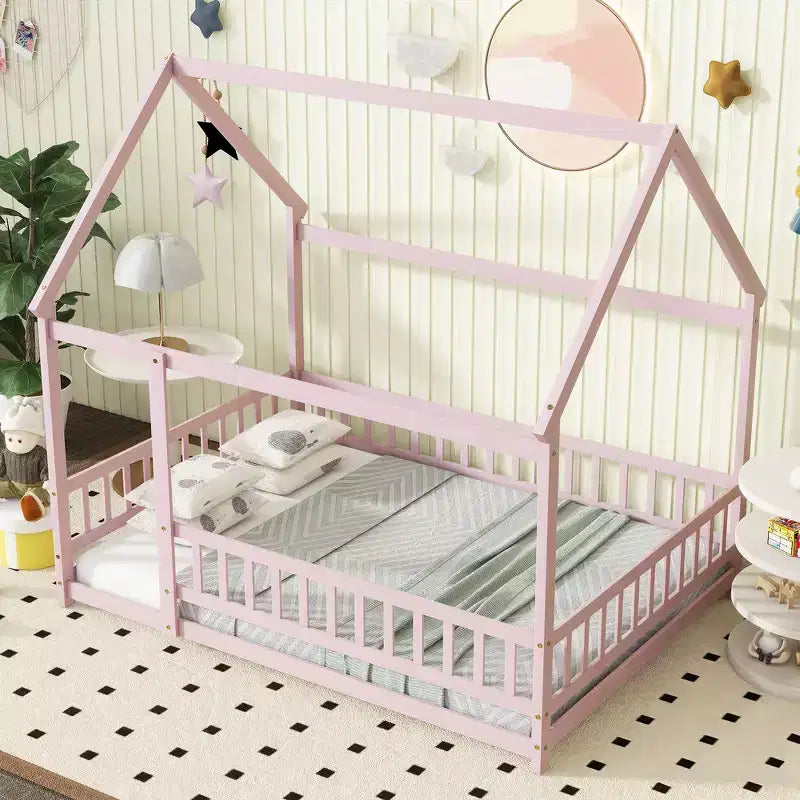 Full Size Floor Bed with Wooden House Frame and Fence Design for Safe & Imaginative Sleep Spaces for Children
