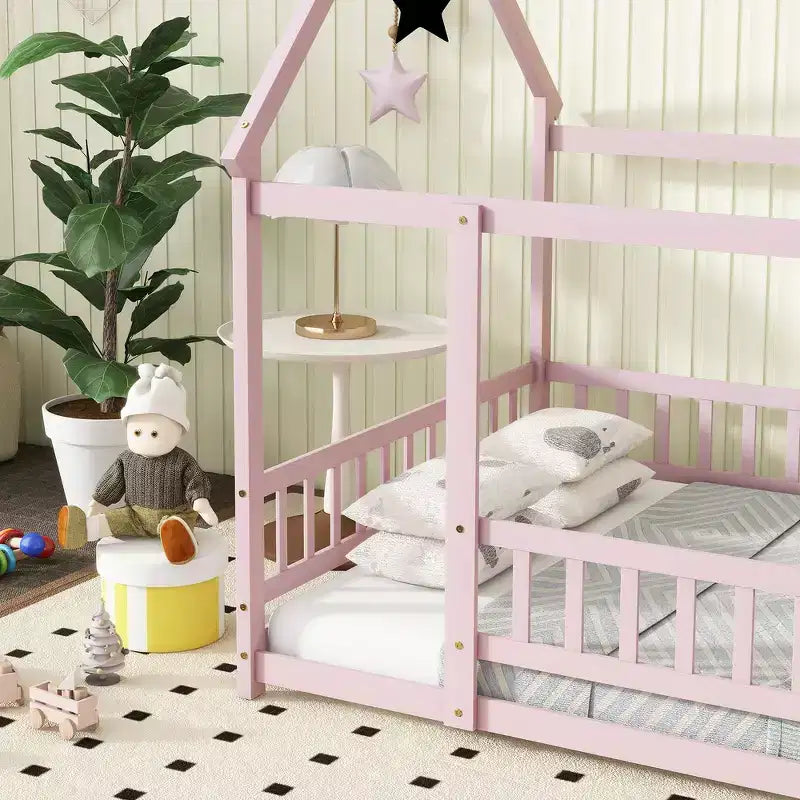 Full Size Floor Bed with Wooden House Frame and Fence Design for Safe & Imaginative Sleep Spaces for Children