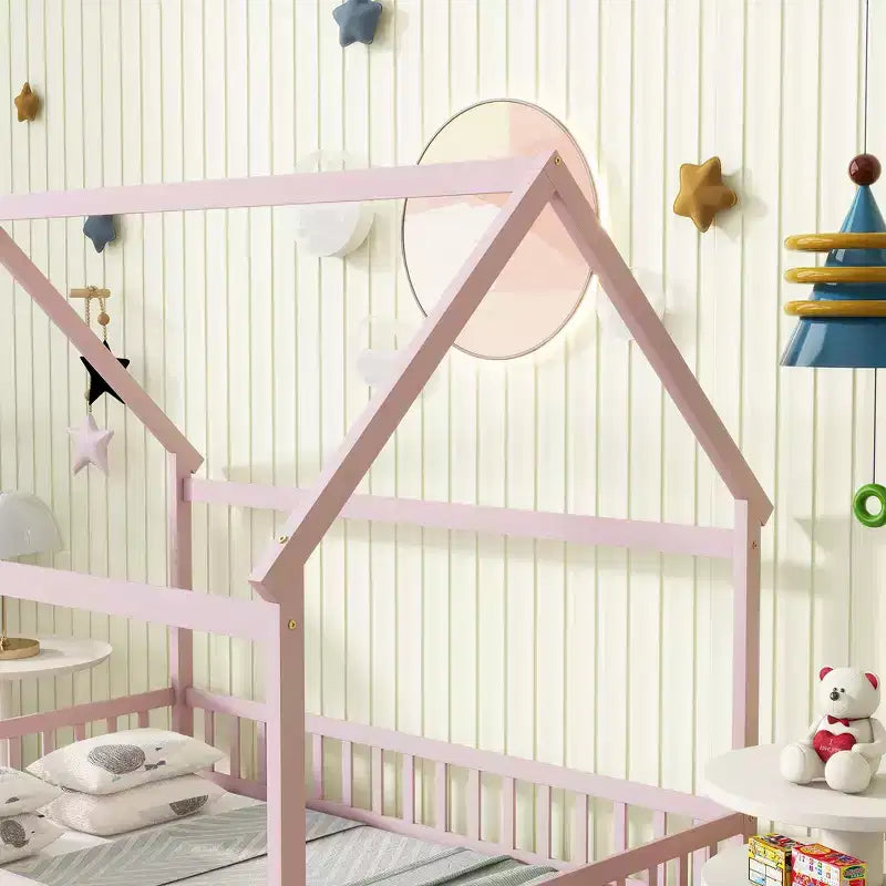 Full Size Floor Bed with Wooden House Frame and Fence Design for Safe & Imaginative Sleep Spaces for Children