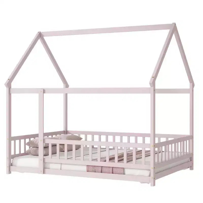 Full Size Floor Bed with Wooden House Frame and Fence Design for Safe & Imaginative Sleep Spaces for Children