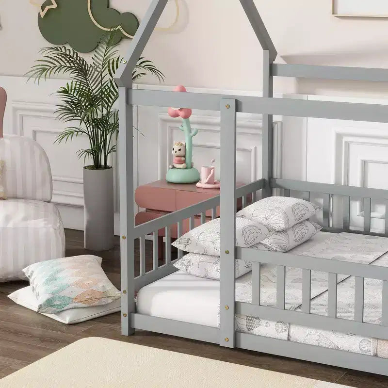 Full Size Floor Bed with Wooden House Frame and Fence Design for Safe & Imaginative Sleep Spaces for Children