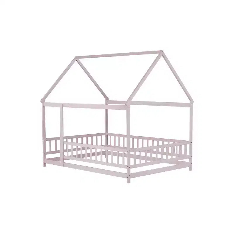 Full Size Floor Bed with Wooden House Frame and Fence Design for Safe & Imaginative Sleep Spaces for Children