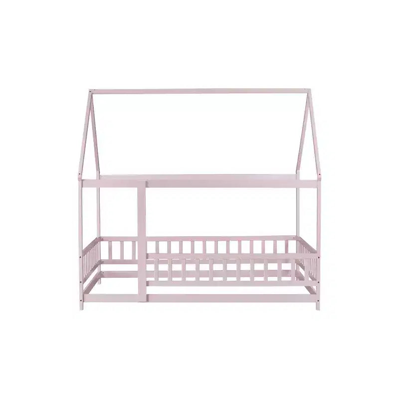 Full Size Floor Bed with Wooden House Frame and Fence Design for Safe & Imaginative Sleep Spaces for Children