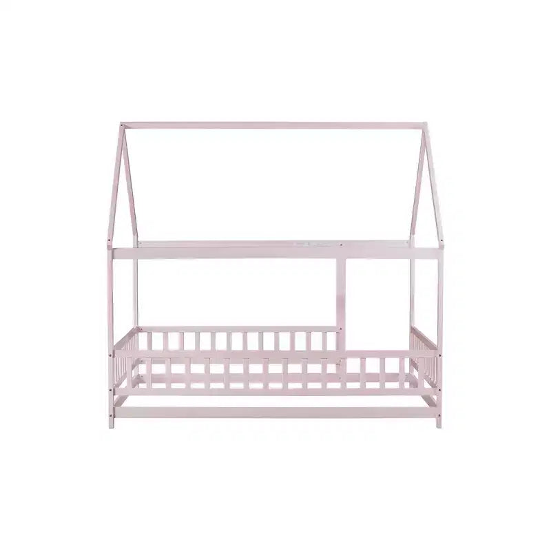 Full Size Floor Bed with Wooden House Frame and Fence Design for Safe & Imaginative Sleep Spaces for Children