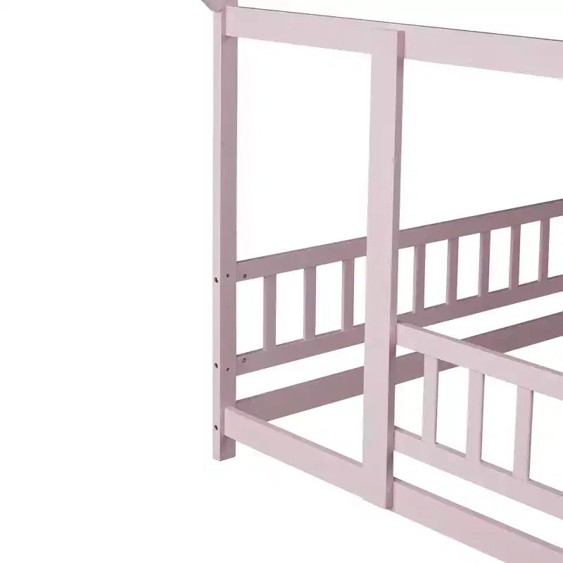 Full Size Floor Bed with Wooden House Frame and Fence Design for Safe & Imaginative Sleep Spaces for Children