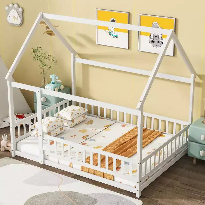 Full Size Floor Bed with Wooden House Frame and Fence Design for Safe & Imaginative Sleep Spaces for Children