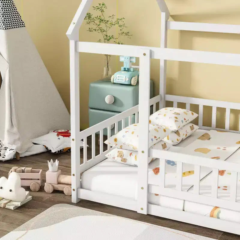Full Size Floor Bed with Wooden House Frame and Fence Design for Safe & Imaginative Sleep Spaces for Children