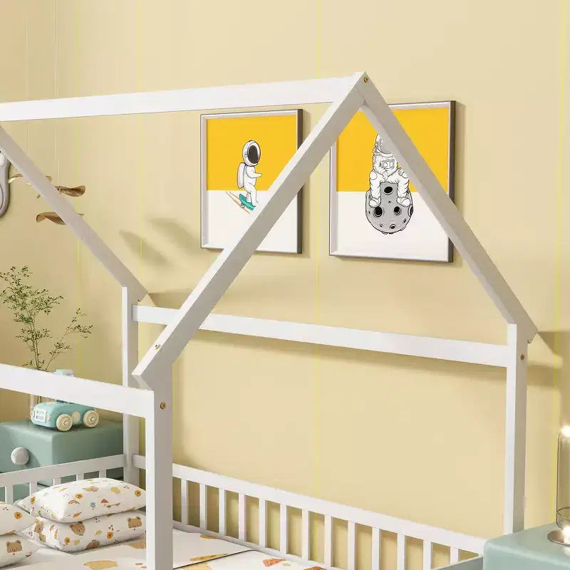 Full Size Floor Bed with Wooden House Frame and Fence Design for Safe & Imaginative Sleep Spaces for Children