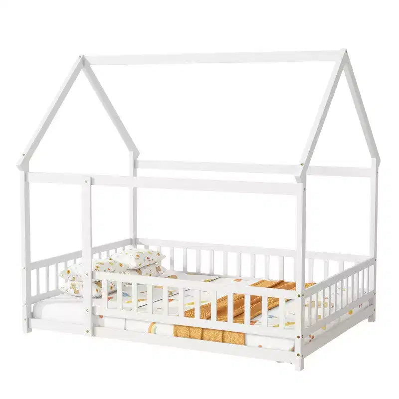 Full Size Floor Bed with Wooden House Frame and Fence Design for Safe & Imaginative Sleep Spaces for Children