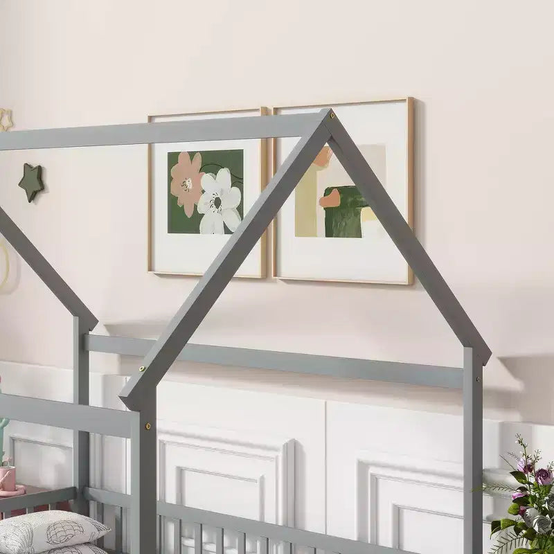 Full Size Floor Bed with Wooden House Frame and Fence Design for Safe & Imaginative Sleep Spaces for Children