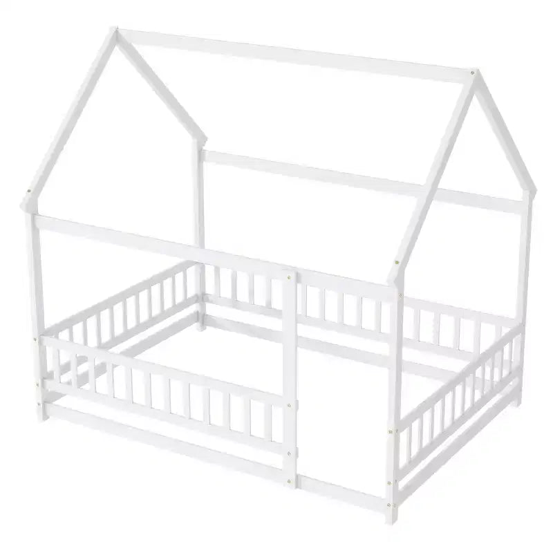 Full Size Floor Bed with Wooden House Frame and Fence Design for Safe & Imaginative Sleep Spaces for Children