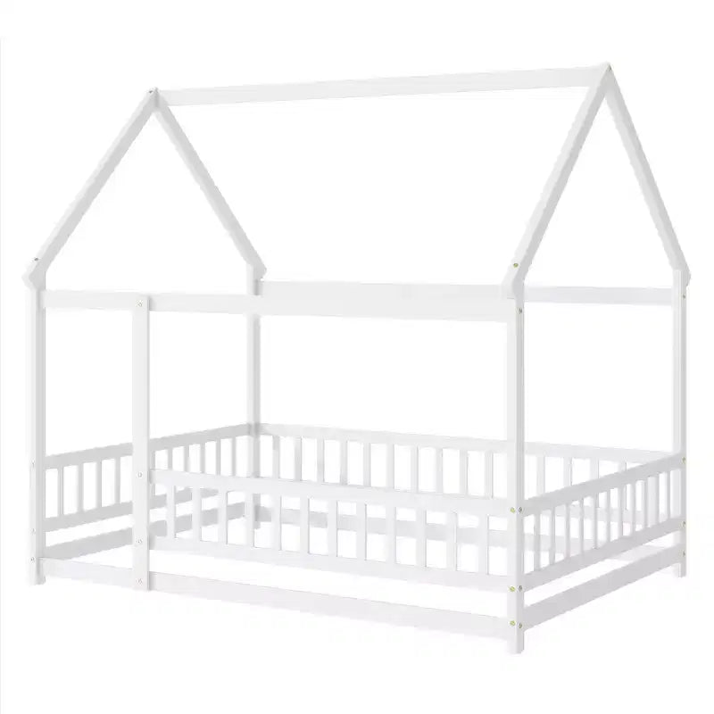 Full Size Floor Bed with Wooden House Frame and Fence Design for Safe & Imaginative Sleep Spaces for Children