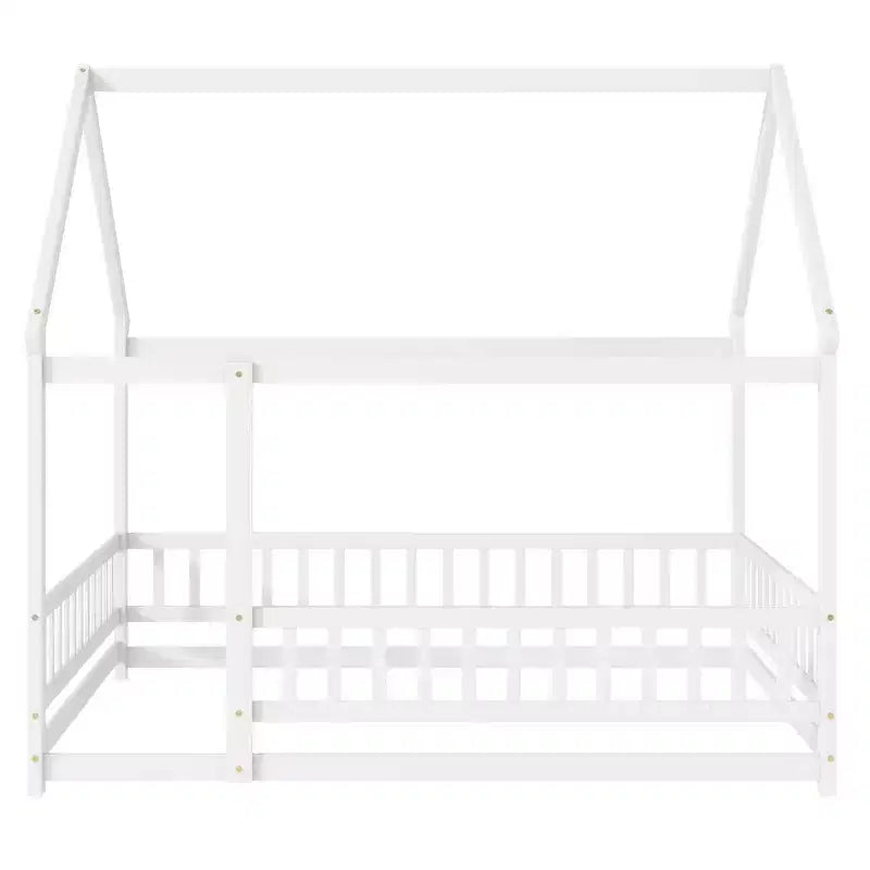 Full Size Floor Bed with Wooden House Frame and Fence Design for Safe & Imaginative Sleep Spaces for Children