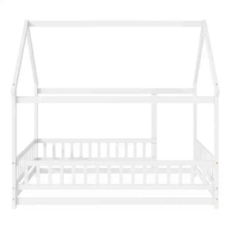 Full Size Floor Bed with Wooden House Frame and Fence Design for Safe & Imaginative Sleep Spaces for Children