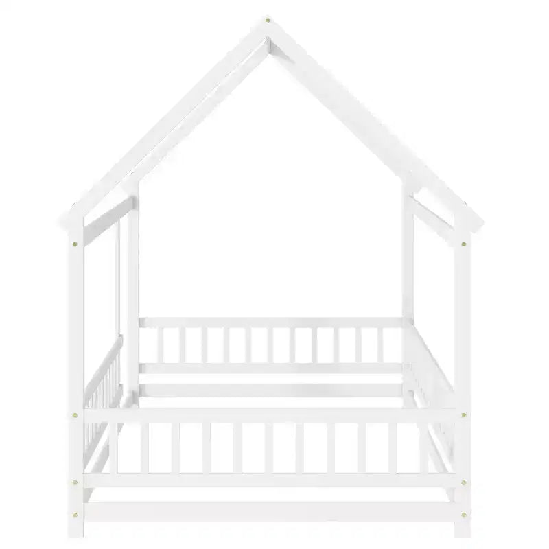 Full Size Floor Bed with Wooden House Frame and Fence Design for Safe & Imaginative Sleep Spaces for Children