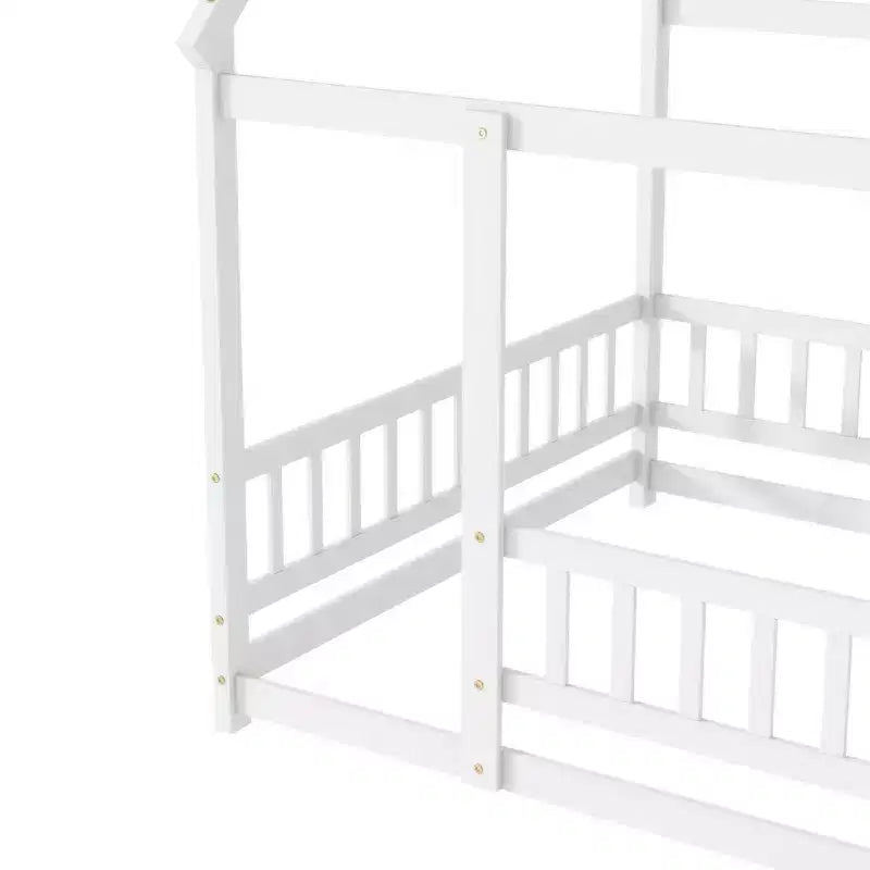 Full Size Floor Bed with Wooden House Frame and Fence Design for Safe & Imaginative Sleep Spaces for Children