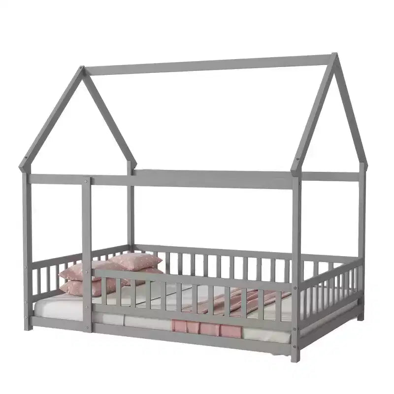 Full Size Floor Bed with Wooden House Frame and Fence Design for Safe & Imaginative Sleep Spaces for Children