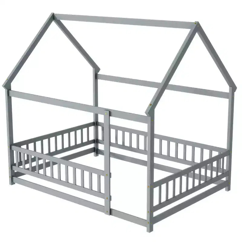 Full Size Floor Bed with Wooden House Frame and Fence Design for Safe & Imaginative Sleep Spaces for Children
