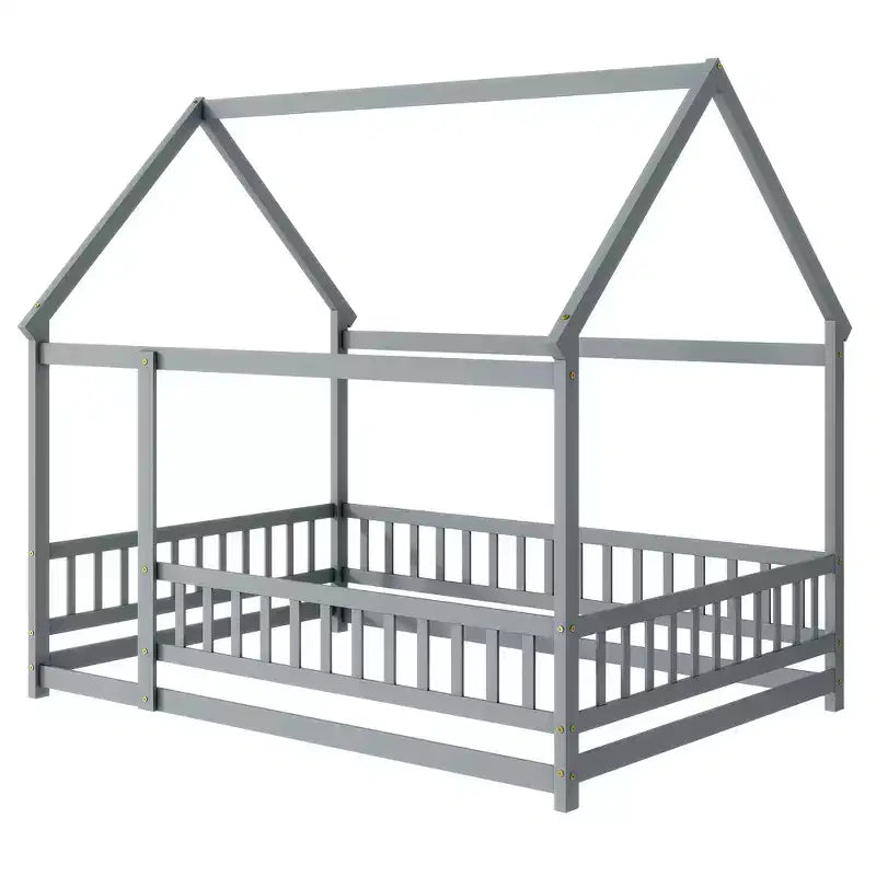 Full Size Floor Bed with Wooden House Frame and Fence Design for Safe & Imaginative Sleep Spaces for Children