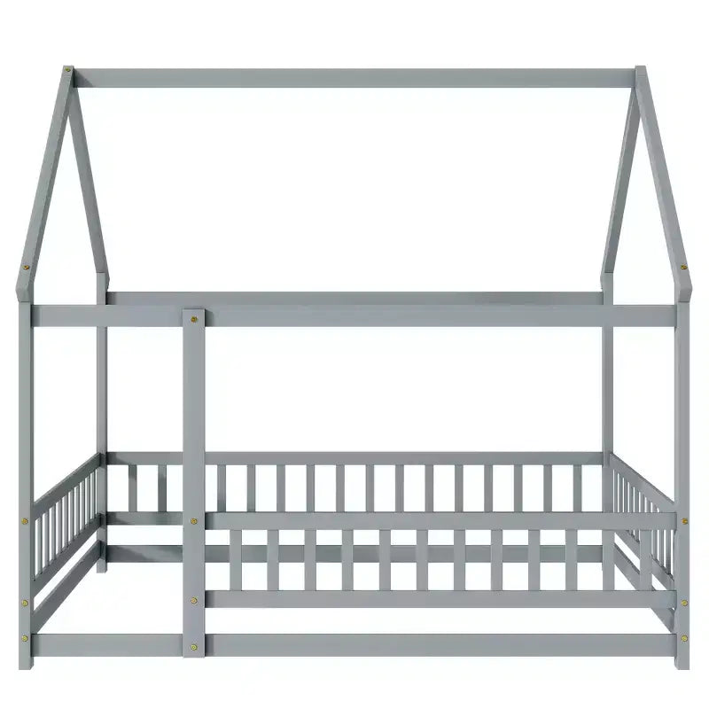 Full Size Floor Bed with Wooden House Frame and Fence Design for Safe & Imaginative Sleep Spaces for Children