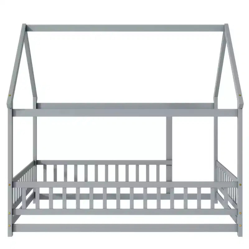 Full Size Floor Bed with Wooden House Frame and Fence Design for Safe & Imaginative Sleep Spaces for Children