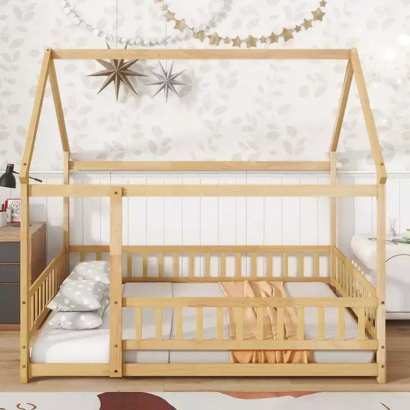 Full Size Floor Bed with Wooden House Frame and Fence Design for Safe & Imaginative Sleep Spaces for Children